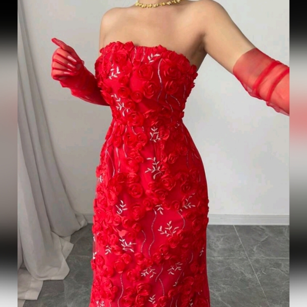 Women Valentine's Day Embroidered Sequins 3D Floral Mesh Overlay Dress